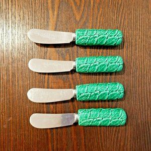 Vintage Stafford Holly Leaf Cheese Spreader Knife Ceramic Steel Set 4